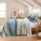 HORIMOTE HOME Boho Style Queen Quilt Set Green Bohemian Floral Strip Quilt Beddding Set, Soft and Lightweight Bedspread for All Season, Full Size Bed Coverlet with 2 Matching Pillow Shams (3 Pieces)