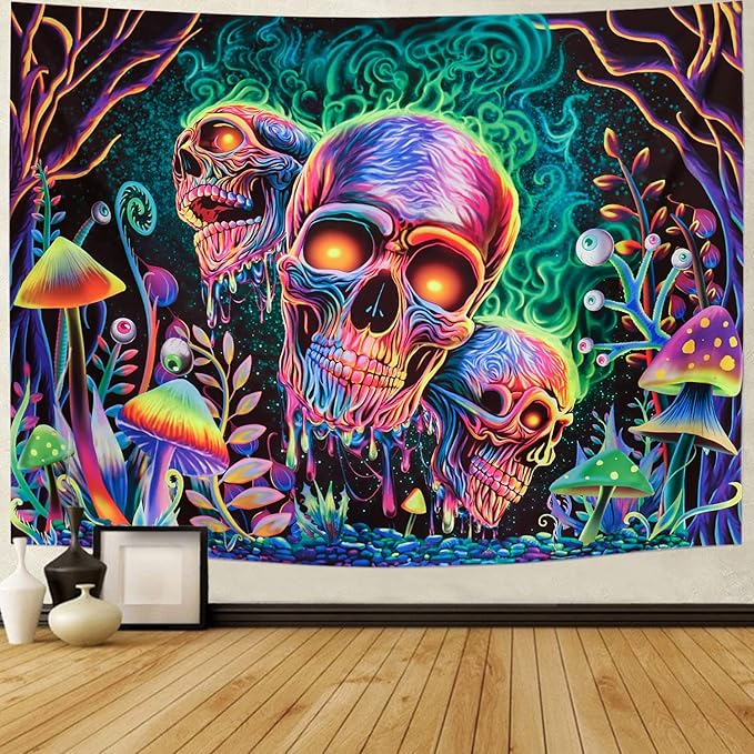 Amonercvita Blacklight Skull Tapestry Trippy Skeleton Wall Tapestries UV Reactive Neon Plants Trees Tapestries Aesthetic Galaxy Space Tapestry Wall Hanging for Bedroom Decor(H70.8×W92.5 inches)