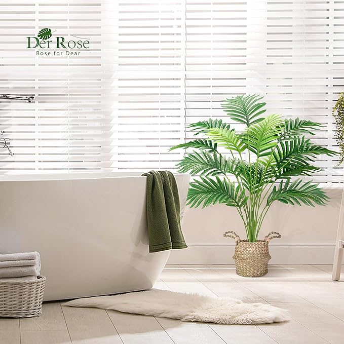 Der Rose 2Pcs Fake Palm Tree 28Inch Large Fake Potted Faux Areca Palm Plant with Hand-Woven Baskets with Handles for Indoor Outdoor Home Office Porch Balcony Bedroom Decor