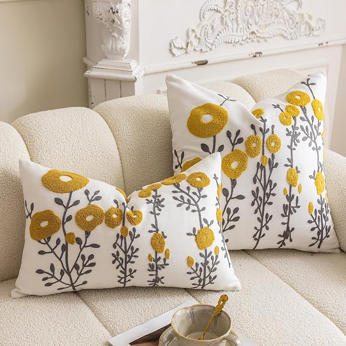 vctops Boho Floral Tufted Decorative Throw Pillow Cover Botanical Embroidered Cotton Cushion Cover for Couch Sofa Bed (Flower C,18"x18")