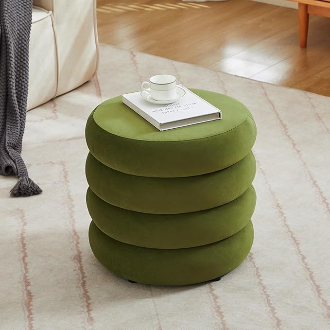 Compact Round Ottoman, Plush Velvet Upholstery Storage Ottoman, Modern Tufted Circle Design with Removable Lid for Lounge, Dorm and Entryway,Olive Green