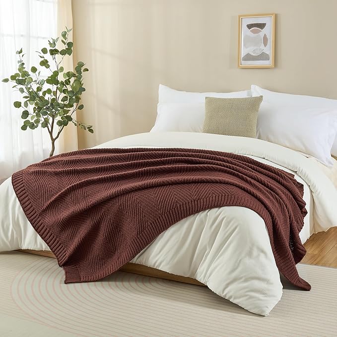 Knitted Throw Blanket 60"X80", Brown Knit Throws for Bed, Super Soft Boho Chevron Blankets for Couch Sofa Chair Room Decor, Textured Decorative Farmhouse Cozy Lightweight