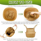 Qunclay 8 Pcs Woven Seagrass Baskets Belly Basket Folding Boho Natural Plant Pot with Handles Round Decorative Wicker Large Indoor Planter for Home Outdoor Tree Planters Decor (L,13''dx11''h)