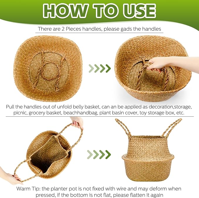 Qunclay 4 Pcs Woven Seagrass Baskets Belly Basket Folding Boho Natural Plant Pot with Handles Round Decorative Wicker Large Indoor Planter for Home Outdoor Tree Planters Decor (L,13''dx11''h)