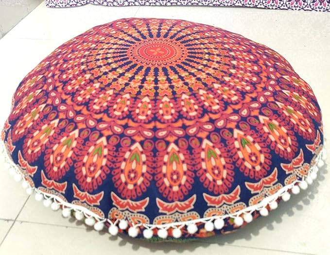 ICC 24" Orange Peacock Mandala Barmeri Large Floor Pillow Cover Cushion Meditation Seating Ottoman Throw Cover Hippie Decorative Zipped Bohemian Pouf Ottoman Pom Pom Cases 24" Round
