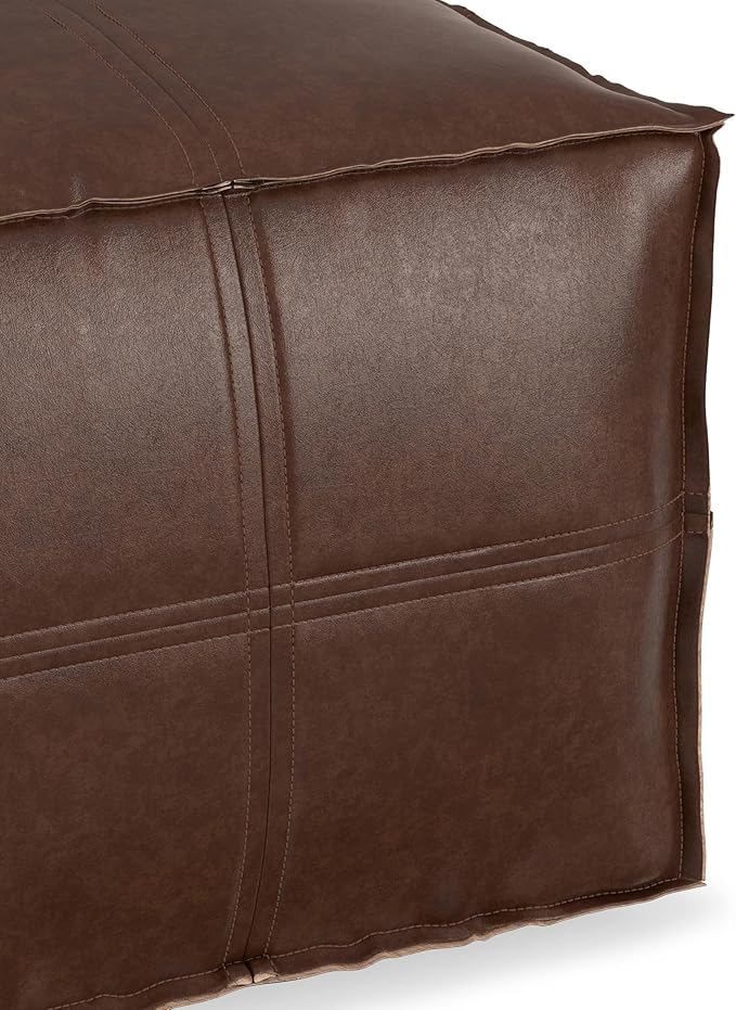 SIMPLIHOME Brody Square Pouf - 18 inch Wide Upholstered Vegan Leather Ottoman in Distressed Dark Brown, Boho Footstool, Coffee Table or Extra Seating for Living Room or Bedroom, Assembled
