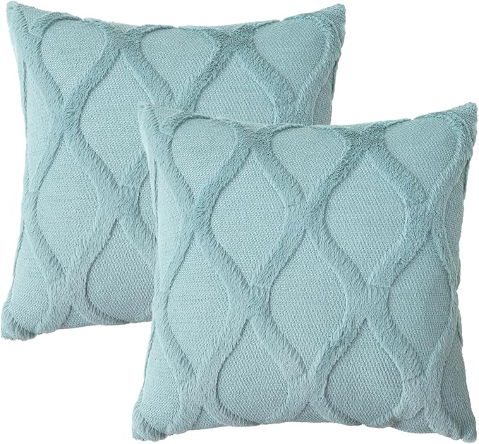decorUhome Spring Throw Pillow Covers 16x16 Inch Set of 2, Soft Plush Faux Fur Wool Aqua Accent Couch Pillow Covers for Modern Farmhouse Bed Sofa Living Room
