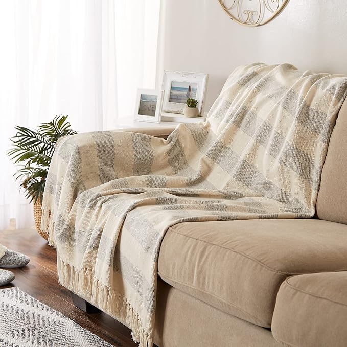 DII Rustic Farmhouse Cotton Cabana Striped Blanket Throw with Fringe, 50 x 60 - Cabana Striped Gray & Off-White