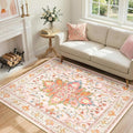 Area Rugs 4'x6' Washable Non-Slip, Floral Vintage Distress Print Pattern Medallion Carpet for Living Room Bedroom Dining Room, Light Pink Colorful