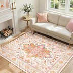 Area Rugs 4'x6' Washable Non-Slip, Floral Vintage Distress Print Pattern Medallion Carpet for Living Room Bedroom Dining Room, Light Pink Colorful