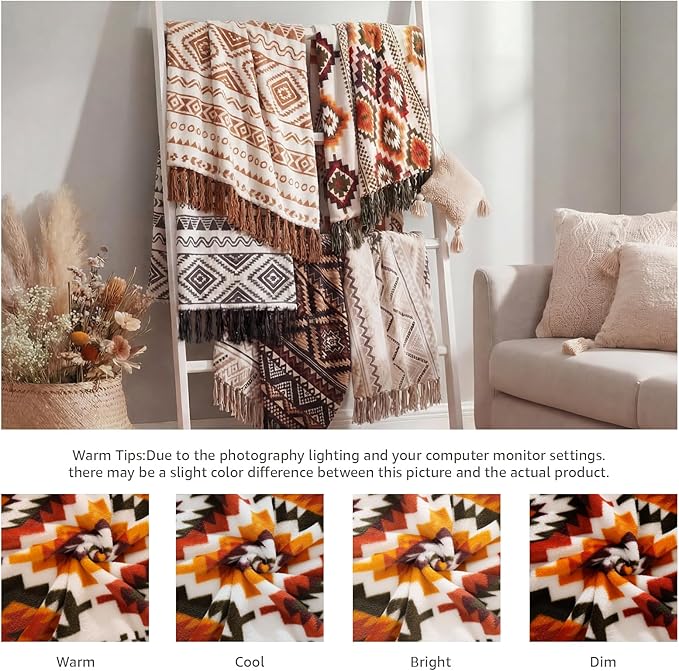 CASAAGUSTO Boho Throw Blanket - Orange and Green Decorative Blankets with Tassel, Printed Flannel Bohemian Blanket for Chair, Bed, Sofa, Couch(50 * 60, Orange and Green)