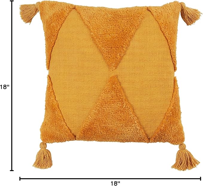 SARO LIFESTYLE Allman Collection Tufted Diamond Tassel Throw Pillow with Down Filling, 18", Mustard