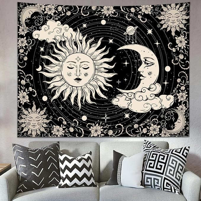 KJHL Black Sun and Moon Tapestry Wall Hanging 59ʺ x 79ʺ Boho Galaxy Celestial Aesthetic Tapestries for Bedroom Living Room Decor