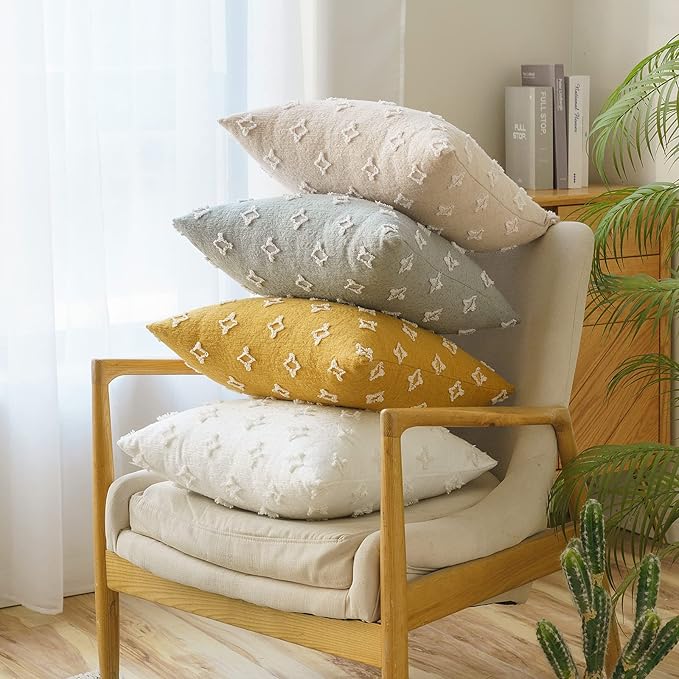 ANRODUO Pack of 2 Beige Floral Boho Decorative Throw Pillow Covers with Tufted Rhombic Jacquard for Room Decor Boho Pillow Covers Decorations 18x18 Soft Pillowcase for Couch Sofa Bed and Living Room