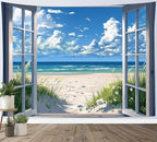 EOBTAIN Coastal Beach Tapestry Wall Hanging Blue Ocean and Sky outside the Window Landscape Tapestries Summer Nature Tapestry for Bedroom Living Room 80x60 Inch