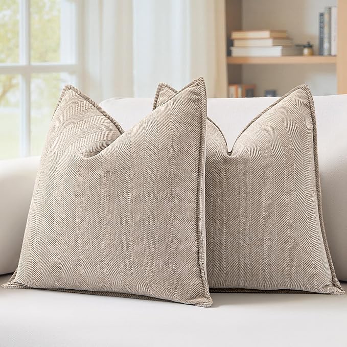 MIULEE Pack of 2 Beige Decorative Pillow Covers 16x16 Inch Soft Chenille Luxurious Couch Throw Pillows Farmhouse Cushion Covers with Elegant Design for Sofa Bedroom Living Room Spring Home Decor
