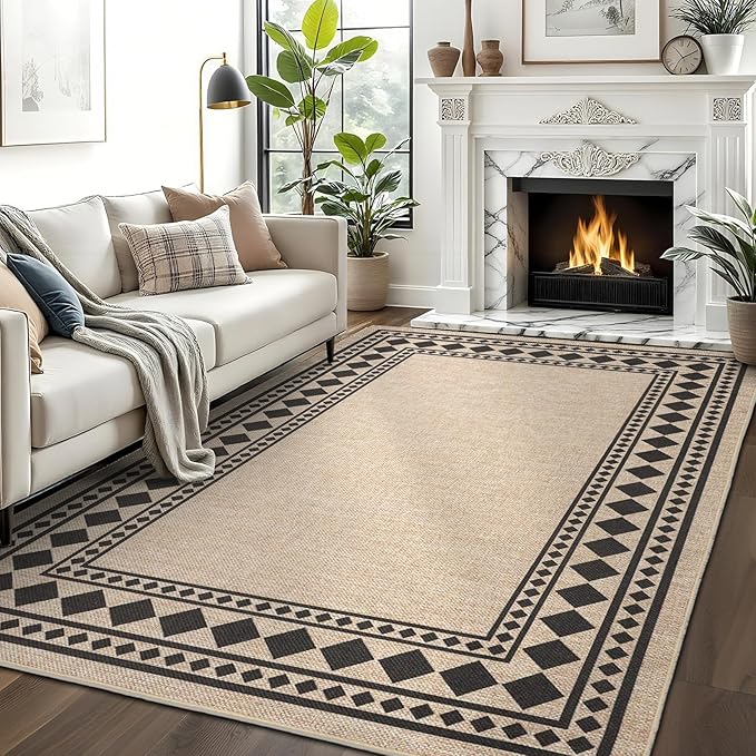 GarveeHome Large Easy Jute Rugs 10x13 Living Room Rug Modern Bordered Solid Rug with Non-Slip Backing, Non-Shedding Jute Indoor Outdoor Neutral Carpet for Dining Room, Patio, Backyard, Natural