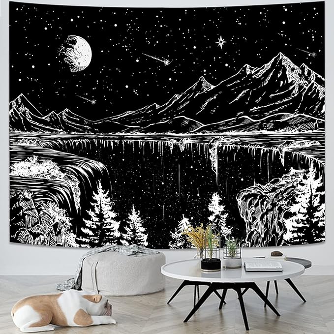 Zussun Black and White Tapestry Starry Night Mountain Tapestries for Bedroom Aesthetic Moon and Stars Tapastry's Wall Hanging Dark Nature Forest Wall Tapestry for Living Room Dorm (80'' × 60'')