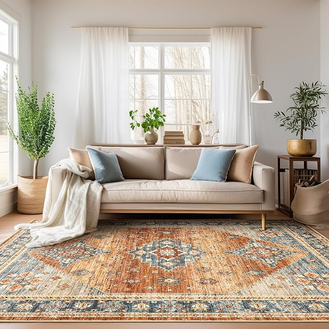 Washable Rugs 8x10, Ultra-Thin Non-Slip 8x10 Area Rugs for Living Room, Soft Vintage Large Area Rug, Foldable Farmhouse Bedroom, Dining Room Rug (Navy/Orange, 8'x10')
