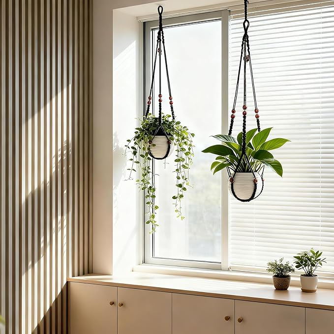 35 Inch Macrame Plant Hanger, Large for up to 15 Inch Pot Extra Long Hanging Planter Holder Basket with Wood Beads for Indoor Outdoor Home Decor (Black, 1-Pack)