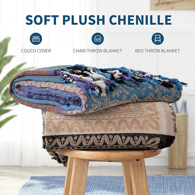 Boho Throw Blanket, Chenille Jacquard Tassels Throw Blankets for Bed Couch Sofa Chair，Bohemian Decor Couch Cover (Purple, Large 86 * 102Inches)