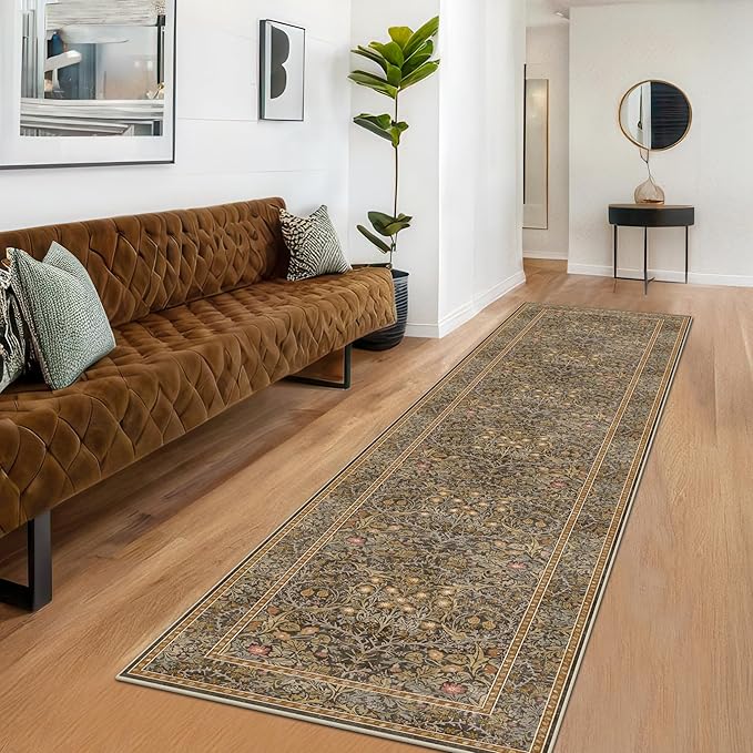Non Slip 2x10 Gold Brown Hallway Runner - 10ft Long Runner Rugs, Washable Kitchen Floor Mat - Vintage Floral Design Décor