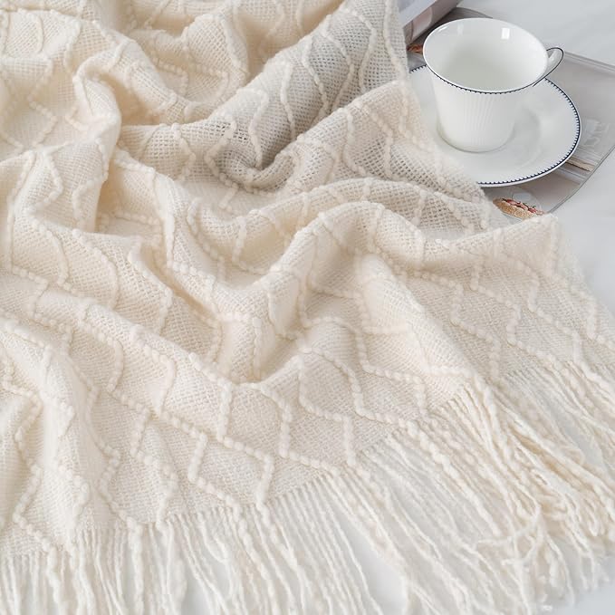 BATTILO HOME Ivory White Throw Blankets for Couch, Off White Lightweight Decorative Blankets and Throws, Boho Warm Knit Blanket for Men and Women, 50"x60"
