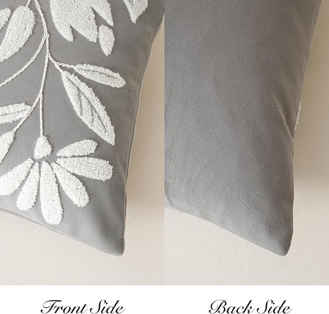 BlissBlush 14x36 Lumbar Pillow Cover for Bed, Light Gray Rectangular Long Throw Pillowcase, Embroidered Velvet Floral Tufted Farmhouse Accent Cushion (Cover Only)