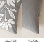 BlissBlush 14x36 Lumbar Pillow Cover for Bed, Light Gray Rectangular Long Throw Pillowcase, Embroidered Velvet Floral Tufted Farmhouse Accent Cushion (Cover Only)
