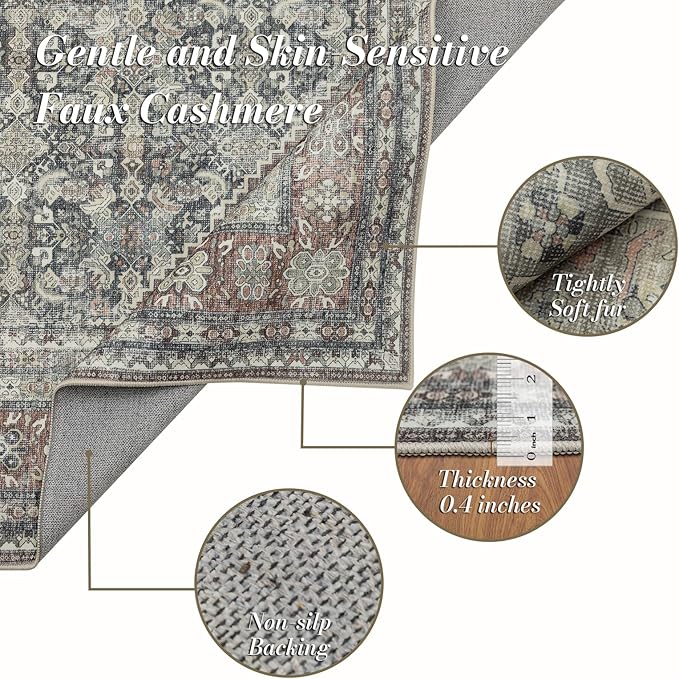Area Rug 4×6, Vintage Boho Rug,Ultra-Soft Low Pile, Washable, Non Slip,Stain Resistant, Printed Carpet for Living Room Bedrooms Playroom Office Kitchen,Rust/Green