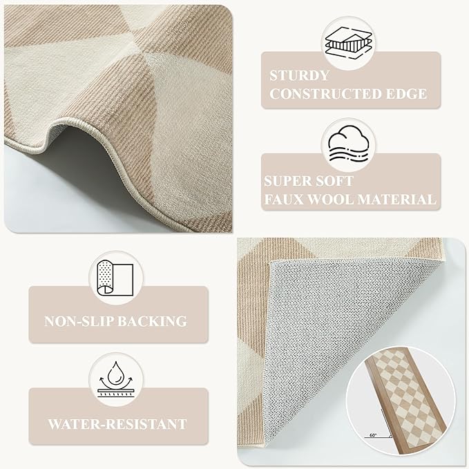 Beeiva Checkered Print Rug Runners for Hallways Non Slip 2.5x8, Ultra Thin Beige Kitchen Runner Rugs Non Skid Washable, Classic Neutral Gingham Decor Faux Wool Carpet for Bathroom Bedroom Entryway