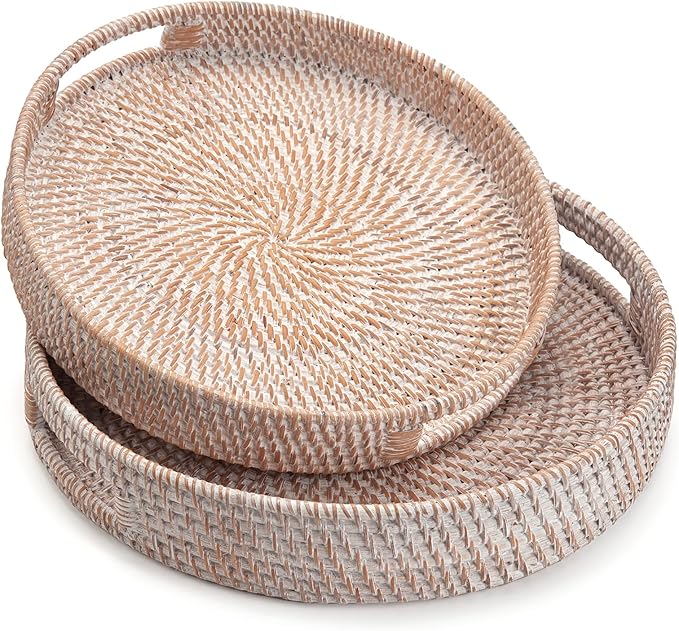 Round Rattan Serving Tray Decorative Woven Ottoman Trays with Handles for Coffee Table White (Small 11.8 inch x 2 inch)