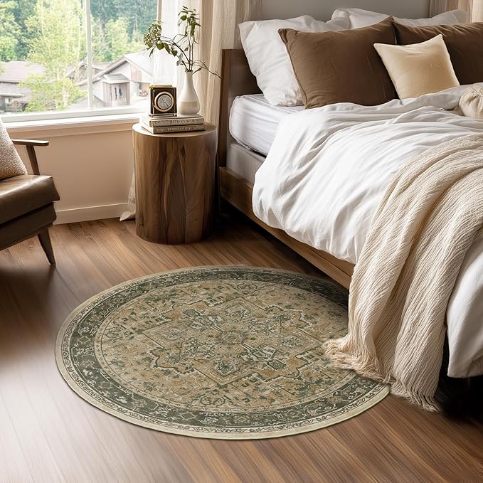 Round Washable Rugs 4ft for Bedroom Living Room, Low Pile Thin Entryway Area Rugs Non Slip, Traditional Medallion Printed Circle Carpet for Kitchen Dining Room, Multi Brown/Green