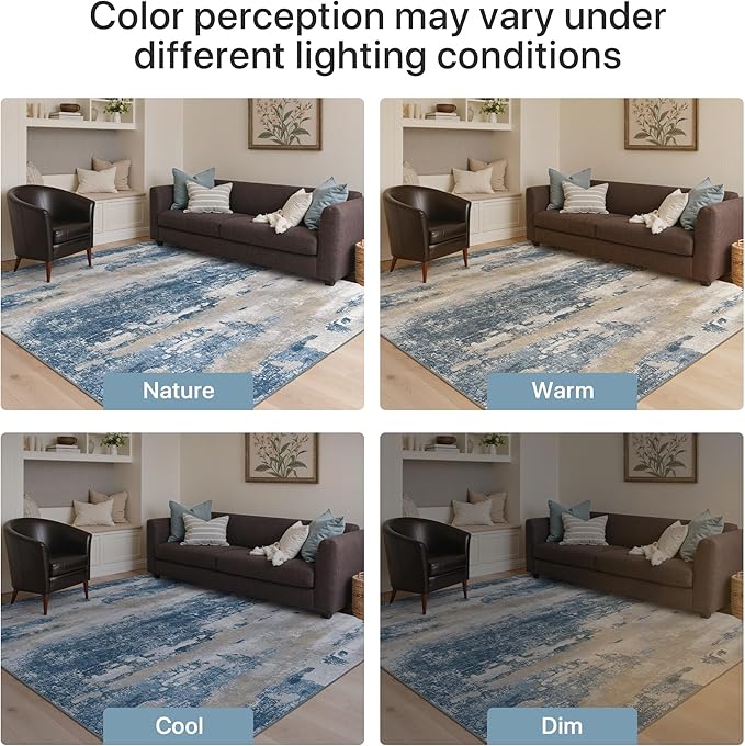 GENIMO No Crease Non Slip 8x10 Area Rugs for Living Room, Craft Woven Modern Rug, Soft Floor Carpet, Single-Piece Rugs for Bedroom, Dining Room, Office, Blue