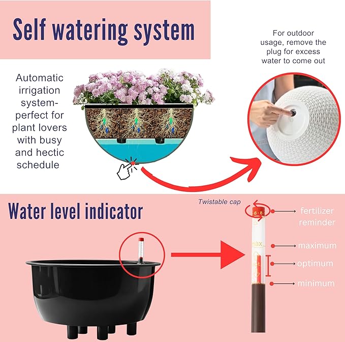 LaLaGreen Hanging Planters for Indoor Plants (11 Inch, 3 Pack) Self-Watering Round Flower Pots with Water Level Indicator, White Rattan Style Baskets with Metal Chain for Balcony, Porch Garden Outdoor