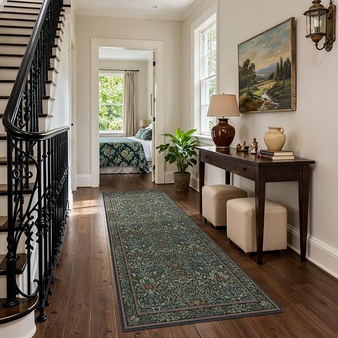 GENIMO Washable Floral Runner Rug 2’6”x7’, Non-Slip Long Hallway Carpet for Entryway, Kitchen, Indoor Floor Use, Vintage Boho Soft Thin Rug Décor, Dark Green