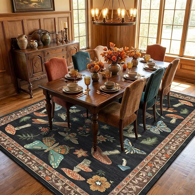 Mushroom 9x12 Area Rugs for Living Room Low-Pile Whimsical Cottage Core Insect Bug Butterfly Funky Dark Gothic Decor for Bedroom Nursery Dining Room Black Brown