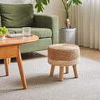 YMYNY Foot Stool Natural Seagrass Hand Weave, 12.6" Small Ottoman, Round Footrest for Living Room, Bedroom, Entryway, Change Shoes Stool, Non-Skid Wood Legs, Boho, Natural+White, UHBD027W