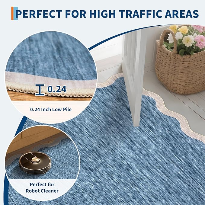 GarveeHome Scalloped Area Rug 4x6 Washable Rug Modern Traditional Floor Cover Foldable Soft Retro Entryway Rug Indoor Distressed Non Slip Carpet Floral Print Mat Bedroom Living Room Bathroom, 4'x6'