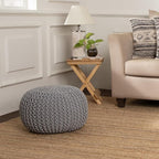 REDEARTH · Round Boho Pouf Ottoman - Cable Knitted Cord Boho Pouffe - Stuffed Poof Accent Beanbag Footrest for Living Room - Nursery - Bedroom - Covered Patio - Study Nook (19.5"x19.5"x14") - Gray