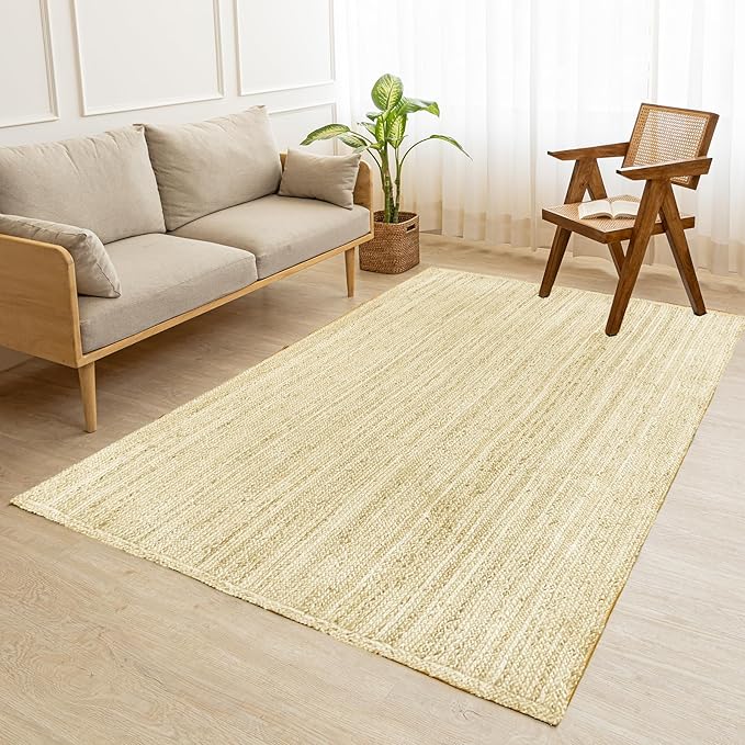 HOMEMONDE Braide Natural Jute Rug 5'x8' Boho Home Decor Area Rug - Barley White Hand Woven Rustic Vintage Reversible for Bedroom, Kitchen, Living Room, Hallway, Dining Room