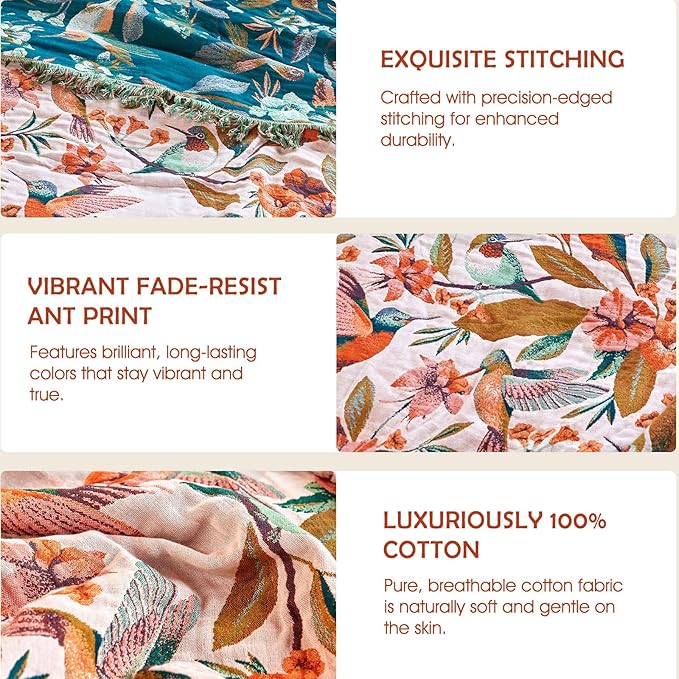 Boho Throw Blanket - 50"x60" 100% Cotton Ultra Soft Lightweight Spring Blanket, 4-Layer Breathable Muslin Blankets for Bed Couch, Reversible Blue Floral Bird Printed Bohemian Cotton Quilt
