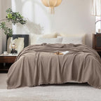 FOSSA Muslin Blanket with Fringe - 4-Layer 100% Cotton Gauze Super Soft & Breathable Throw -Lightweight Decorative Cooling Blanket for Bed, Sofa, Office (Pale Brown, Super King (108" × 98"))