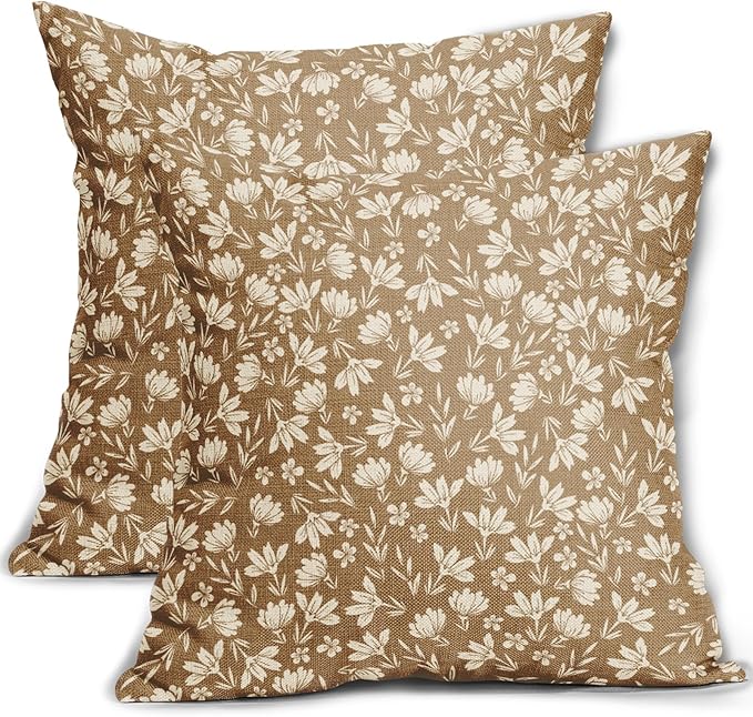 Brown Pillow Covers 18x18 Set of 2 Vintage Floral Rustic Old Style Cute Flower Print Decorative Outdoor Pillowcases Seasonal Farmhouse Throw Cushion Case Decor for Couch Sofa Bed