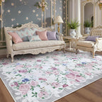 Lahome Vintage Floral 8x10 Rugs for Living Room,Large Boho Washable Rugs,Low Pile Bedroom Rug 8x10 Under Bed Carpet for Nursery Playroom Dining Room Nina (Purple/Grey)