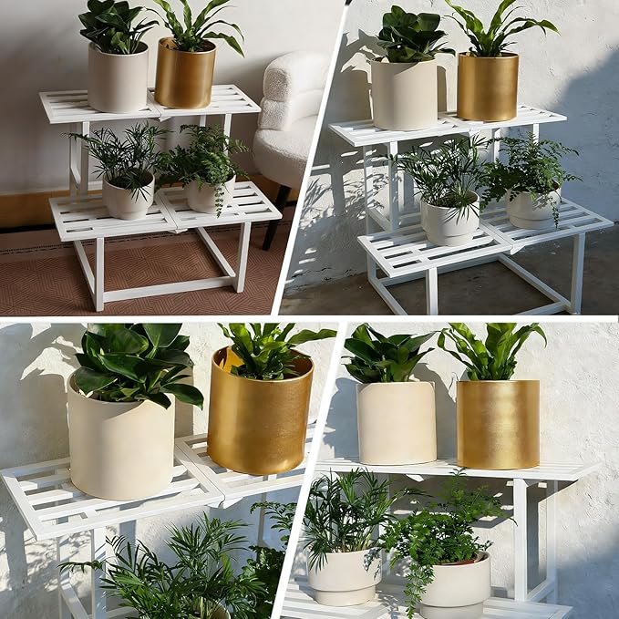 Plant Stand Indoor Outdoor, Foldable Metal Plant Shelf for Multiple Pots, Mid Century Slatted Bench for Patio Garden, Heavy Duty Capacity 330 lbs 2 Tier White
