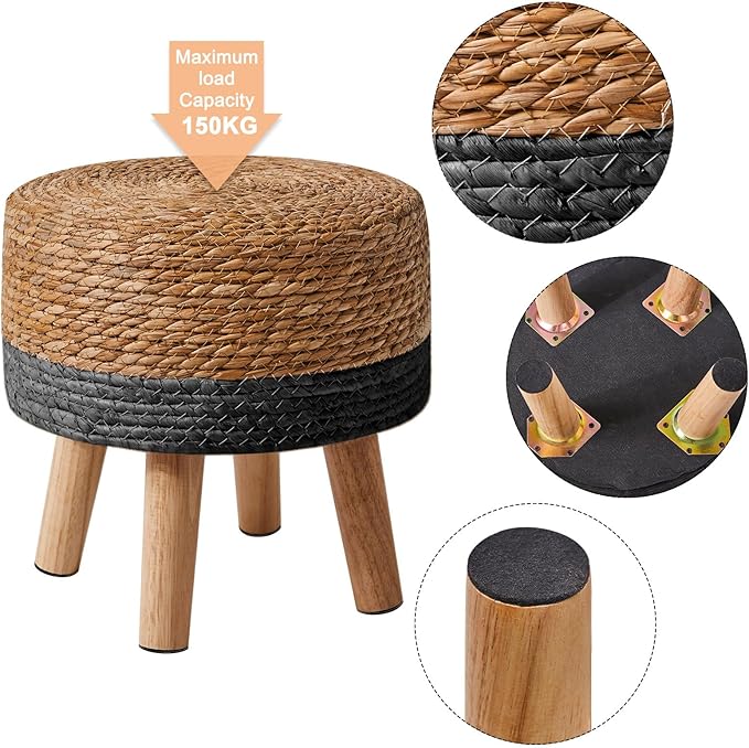 YMYNY Foot Stool Natural Seagrass Hand Weave, 12.6" Small Ottoman, Round Footrest for Living Room, Bedroom, Entryway, Change Shoes Stool, Non-Skid Wood Legs, Boho, Natural+Black UHBD027B
