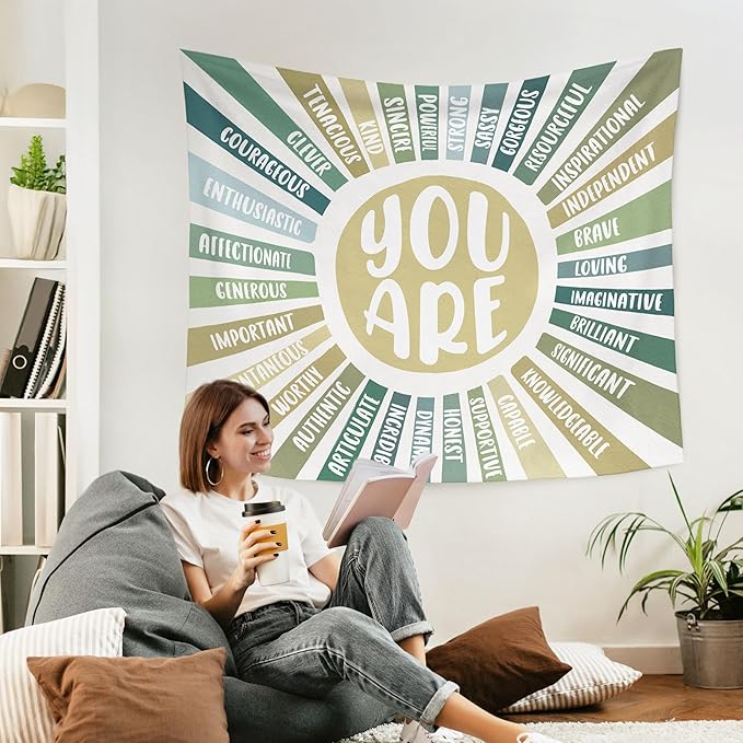 WARDOS Boho Green Sunshine Tapestry, You Are Inspirational Tapestry Wall Hanging, Colorful Boho Sun Positive Affirmation Wall Blanket Decor for Kids Room Nursery Playroom Classroom, 50x60 Inch