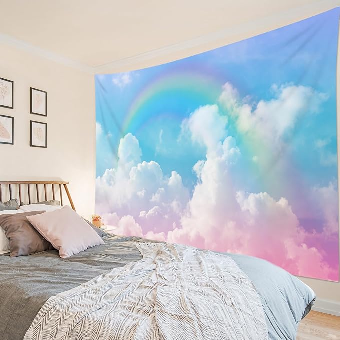 LB Cloud Rainbow Wall Tapestry Pastel Rainbow Pink White Cloud with Blue Sky Tapestry Nature Landscape Wall Decor for Bedroom Living Room Dorm 60Wx40L Inches