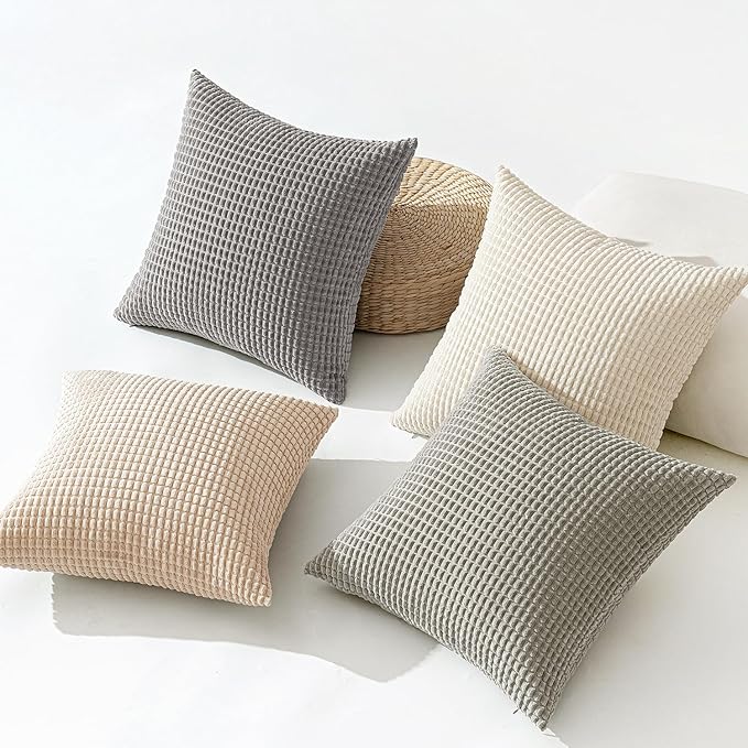 MIULEE Boho Farmhouse Decorative Pillow Covers 18x18 Inch Set of 4 Rustic Modern Home Decor Couch Throw Pillows Corduroy Pillowcases for Sofa Living Room Bed Neutral